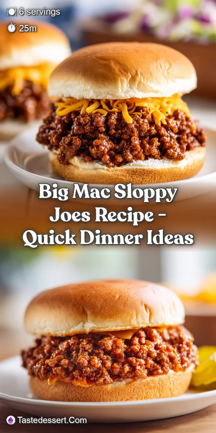 Close-up of a Big Mac Sloppy Joe: ground beef glistening in a tangy, reddish-brown sauce, topped with melted cheese and on...