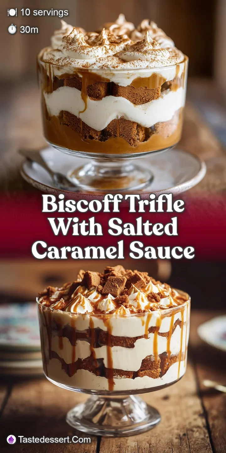 Close-up reveals biscoff trifle's decadent layers: creamy custard, crunchy cookies, glistening salted caramel, a textural ...