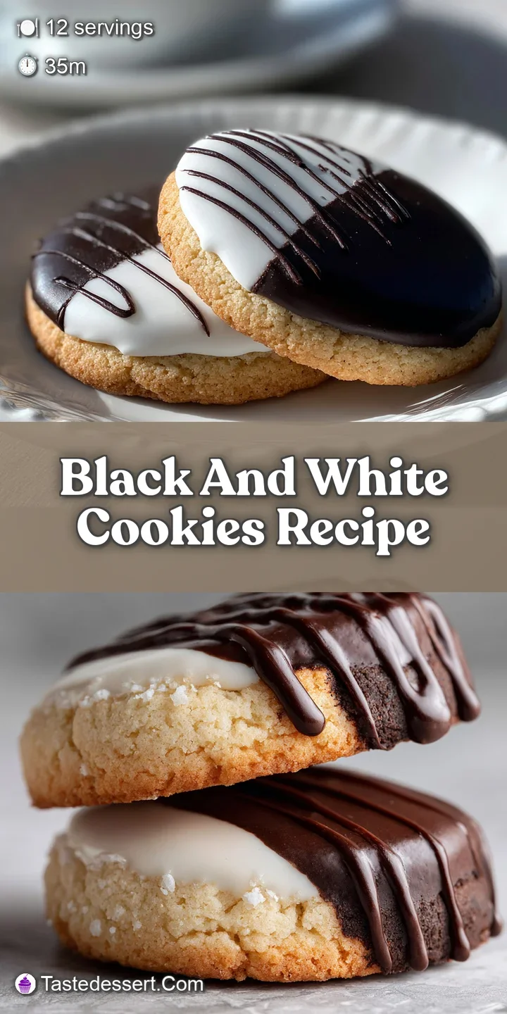 Close-up of a black and white cookie; the cracked, slightly domed cookie base peeks through the rich chocolate and vanilla...
