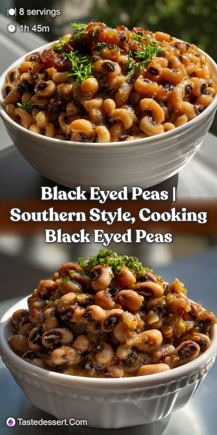 Close-up of tender black-eyed peas, a rich, dark broth glistening. Hints of green onion, creating a warm, inviting visual ...