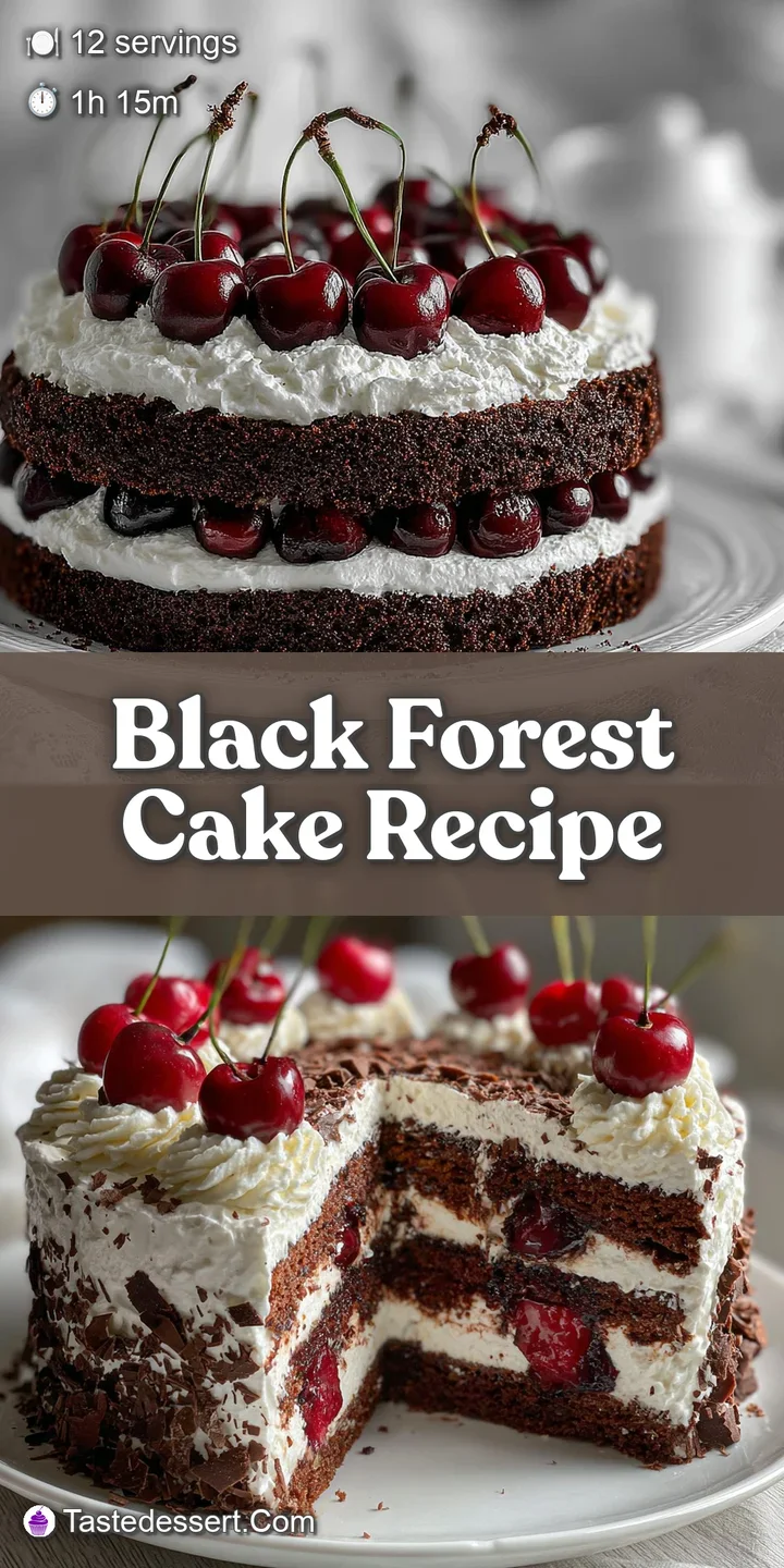 Close-up: decadent Black Forest cake with glossy cherries, dark chocolate curls, and light, airy whipped cream, inviting a...
