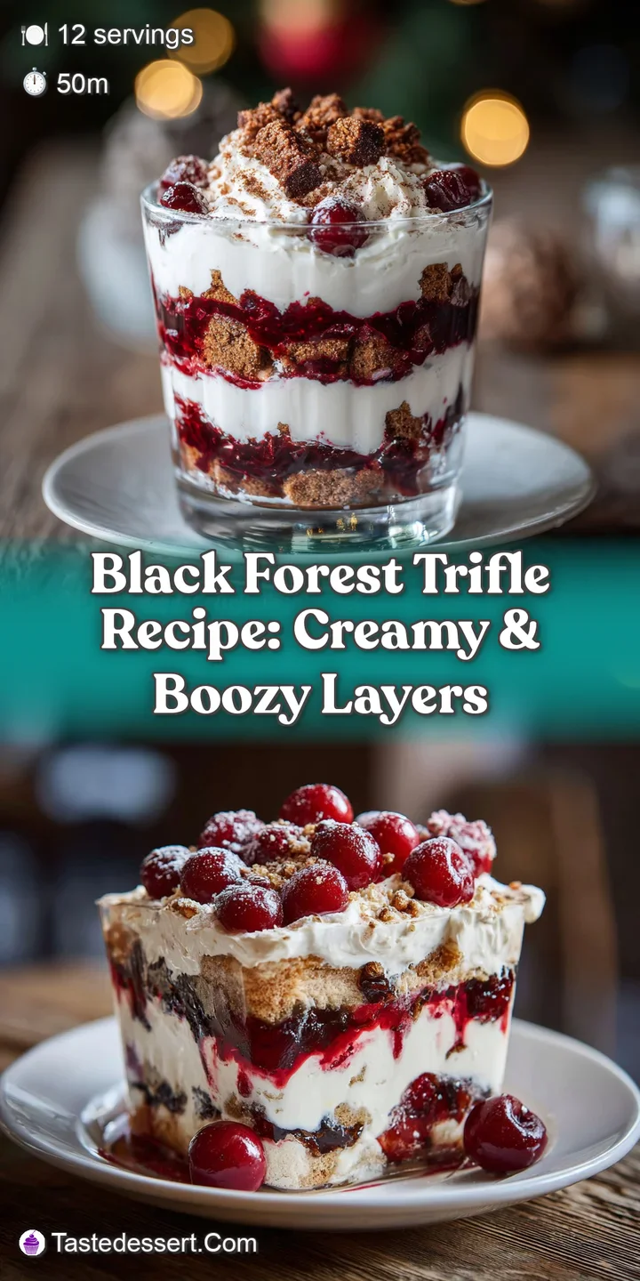 Close-up of a Black Forest trifle: showing rich chocolate cake, sweet cherries, airy whipped cream, & dark chocolate curls.