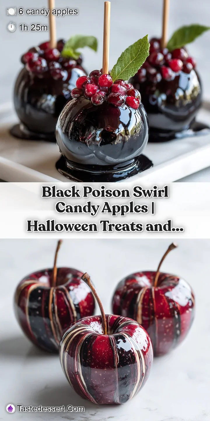 Close-up of a shiny, black candy apple with vibrant red swirls, revealing a slight sugary texture and an inviting sheen.