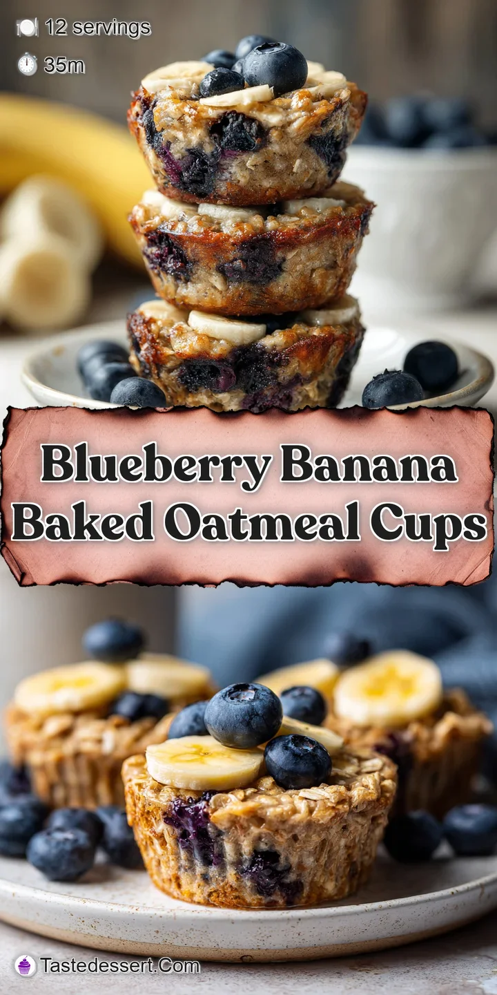 Close-up of a blueberry banana oatmeal cup; soft baked texture and juicy berries. Golden-brown edges hint at a slightly ca...