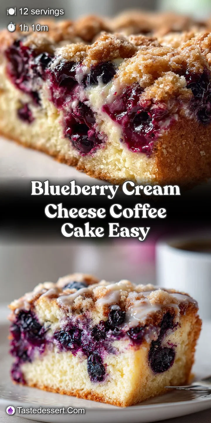Close-up of a blueberry coffee cake showing plump, juicy blueberries nestled in a creamy filling with a crispy, golden str...