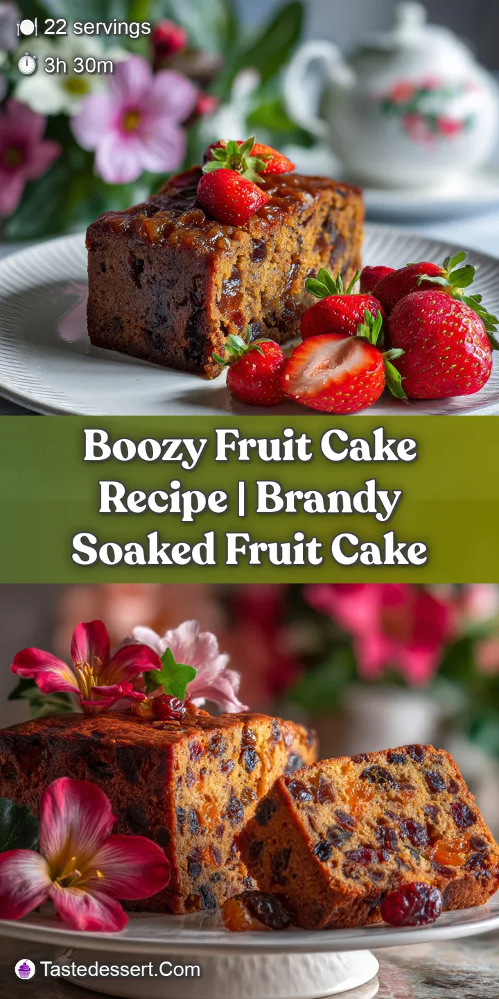Close-up of a moist, dark fruitcake studded with jewel-toned candied fruit. Hints of rum soaked into the cake. A decadent,...