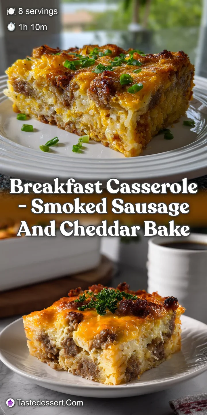 Close-up of a warm breakfast casserole slice. Cheesy, golden top revealing soft, creamy interior. A perfect combination of...