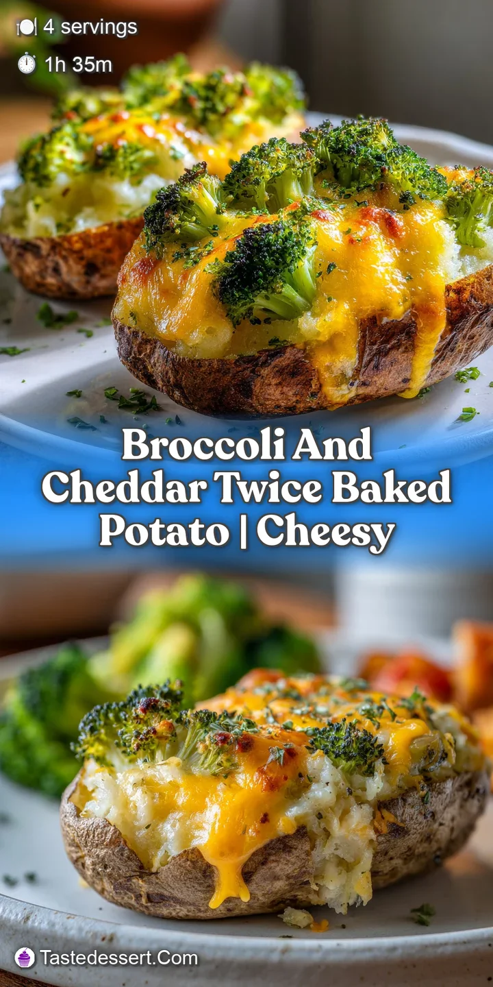 Close-up of a cheesy broccoli twice-baked potato. Bubbling cheddar, vibrant green broccoli, and a hint of steam.