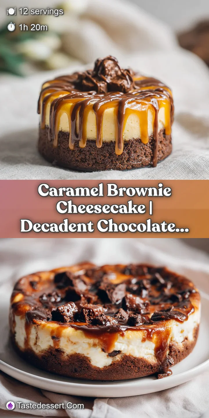 Close-up of a creamy cheesecake layer with a gooey caramel drizzle and crumbly brownie.