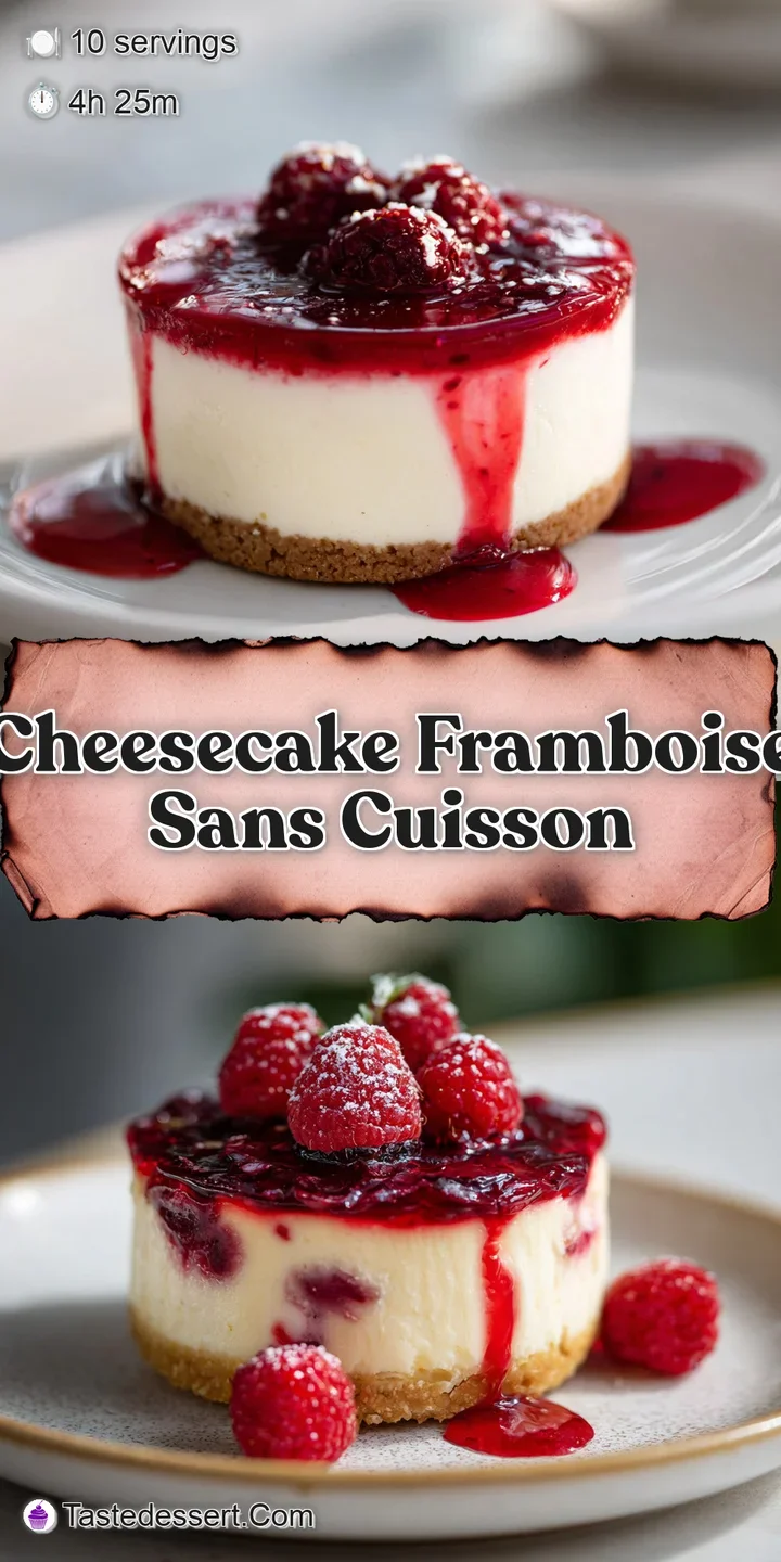 Close-up of a silky raspberry cheesecake showing the smooth texture and plump, juicy raspberries, inviting and luscious.