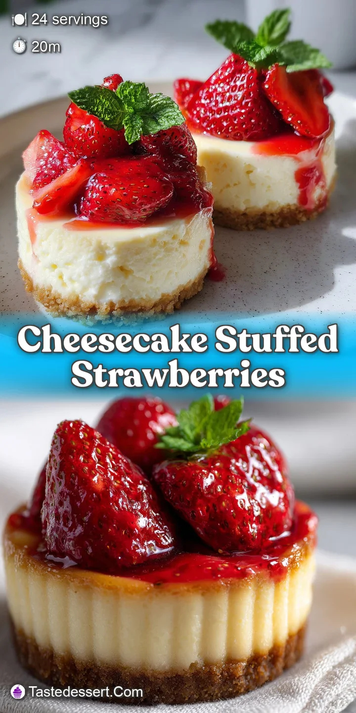 Close-up reveals a juicy strawberry, generously stuffed with rich cheesecake, speckled with golden graham cracker, ready t...