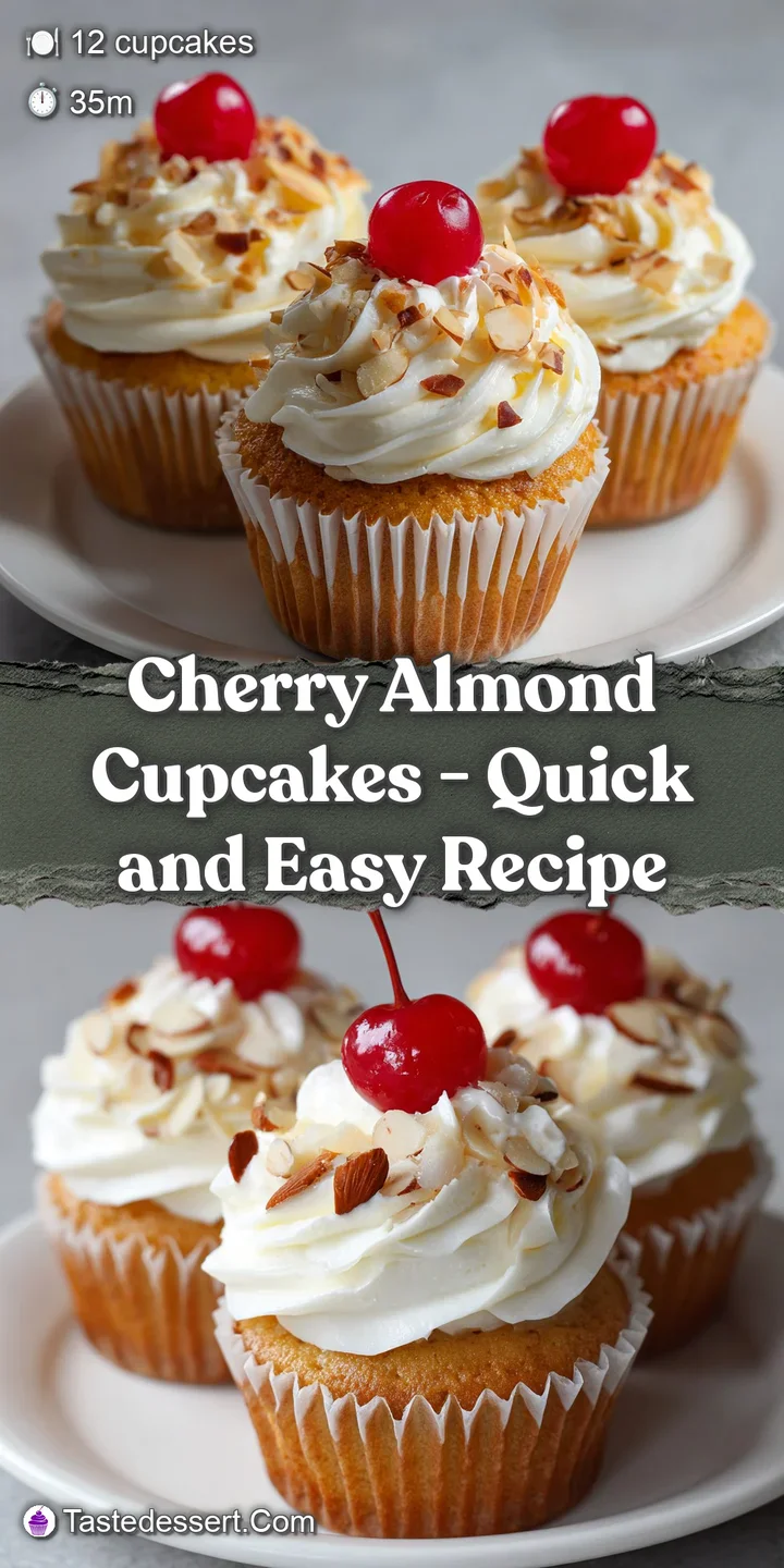 Close-up of a creamy frosting swirl topped with a juicy red cherry and a thin slice of toasted almond.