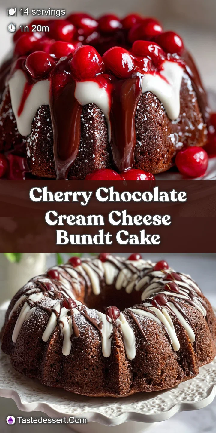 Close-up of moist chocolate cherry bundt cake reveals rich colors, glossy glaze. Visible plump cherries, tempting texture.
