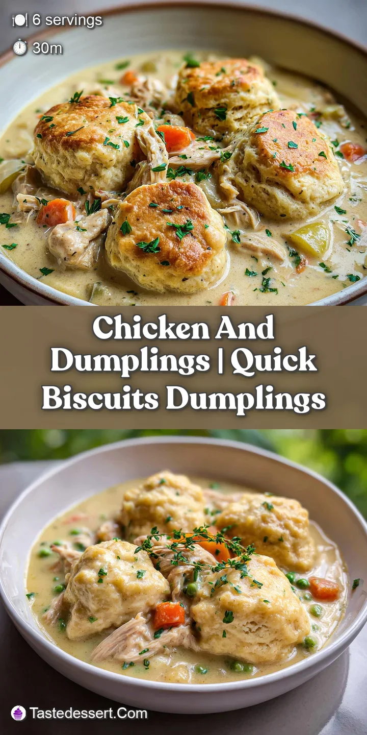 Close-up of chicken and dumplings: tender chicken and soft biscuit texture in a decadent, creamy sauce with flecks of herbs.