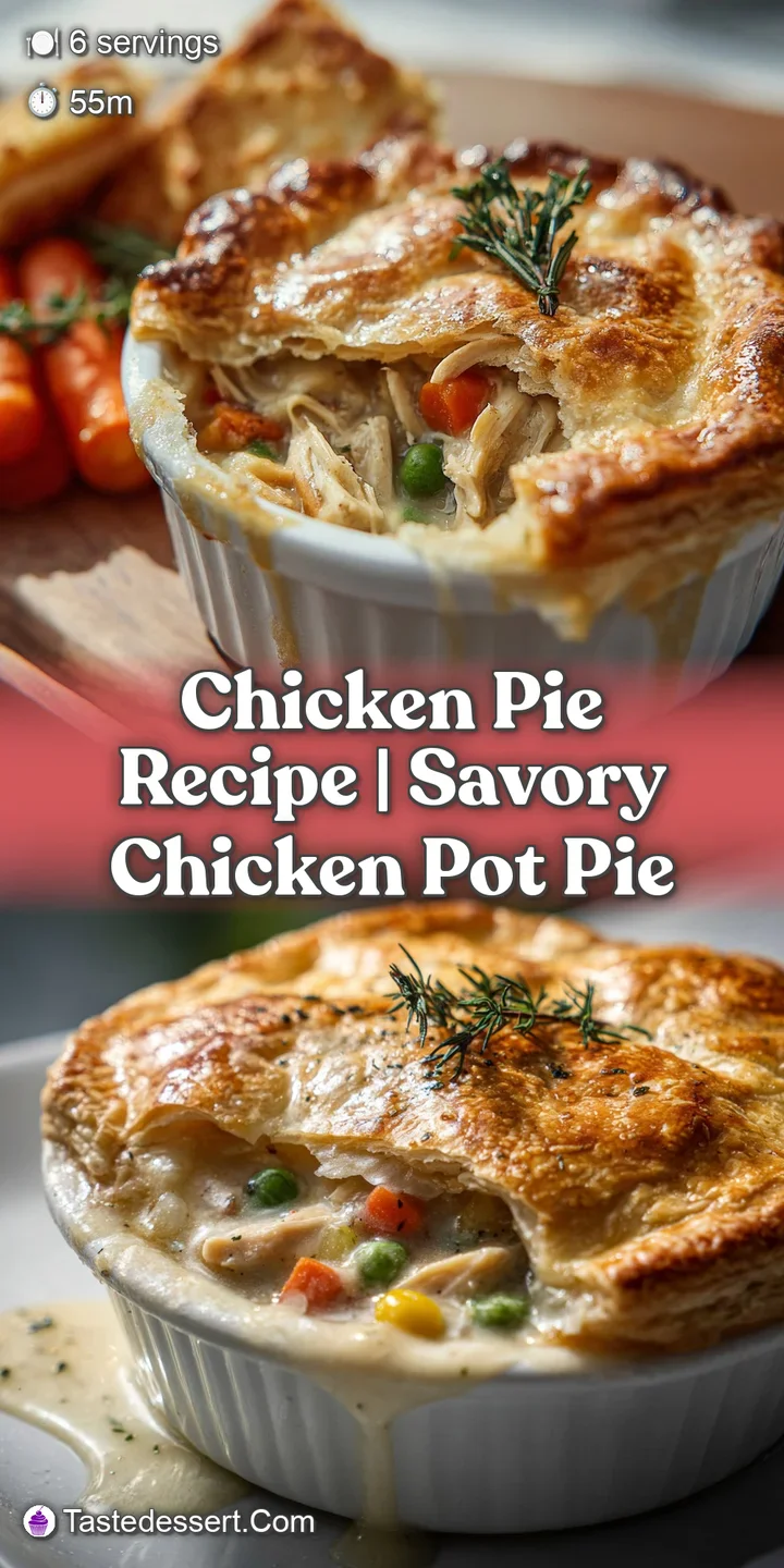 Close-up of a chicken pie, revealing a bubbling, creamy filling with tender chicken pieces and vegetables under a perfectl...