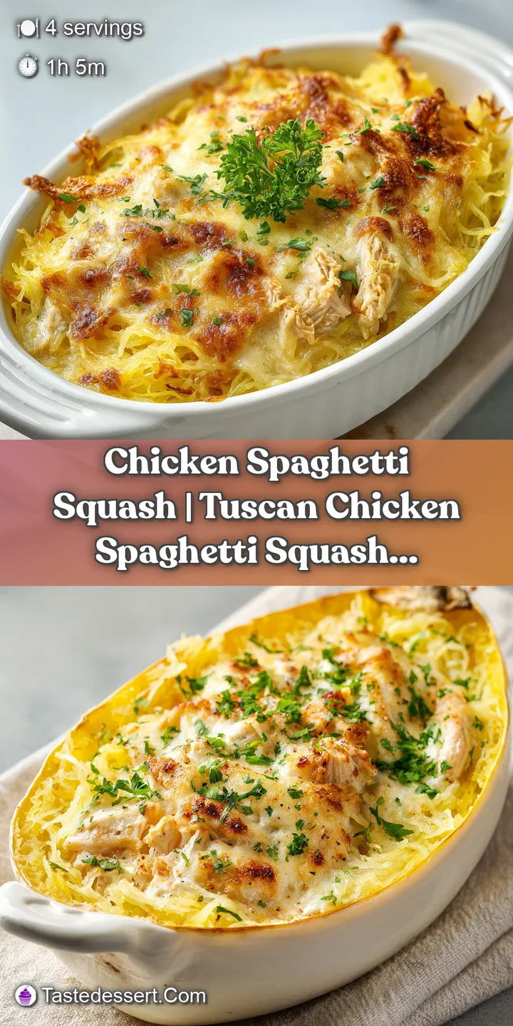 A close-up reveals glistening chicken pieces nestled within fluffy, bright yellow squash spaghetti, coated in sauce.