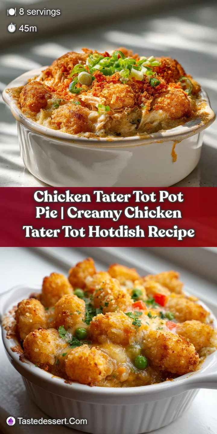 Crispy tater tots form a golden crust over a creamy, savory chicken and vegetable filling.