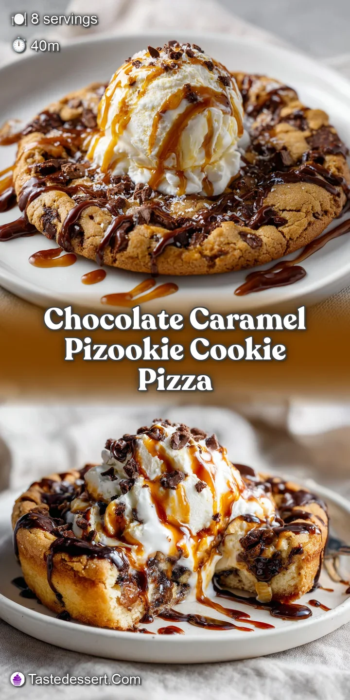 Extreme close-up of the chocolate caramel pizookie, highlighting the melted chocolate chips, gooey caramel, and slightly c...