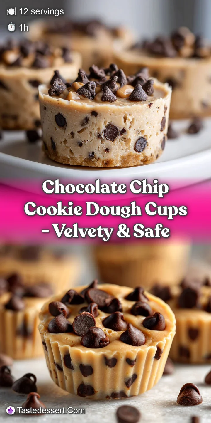 Close-up of a chocolate chip cookie dough cup with melted chocolate, revealing soft, gooey texture and visible chips.