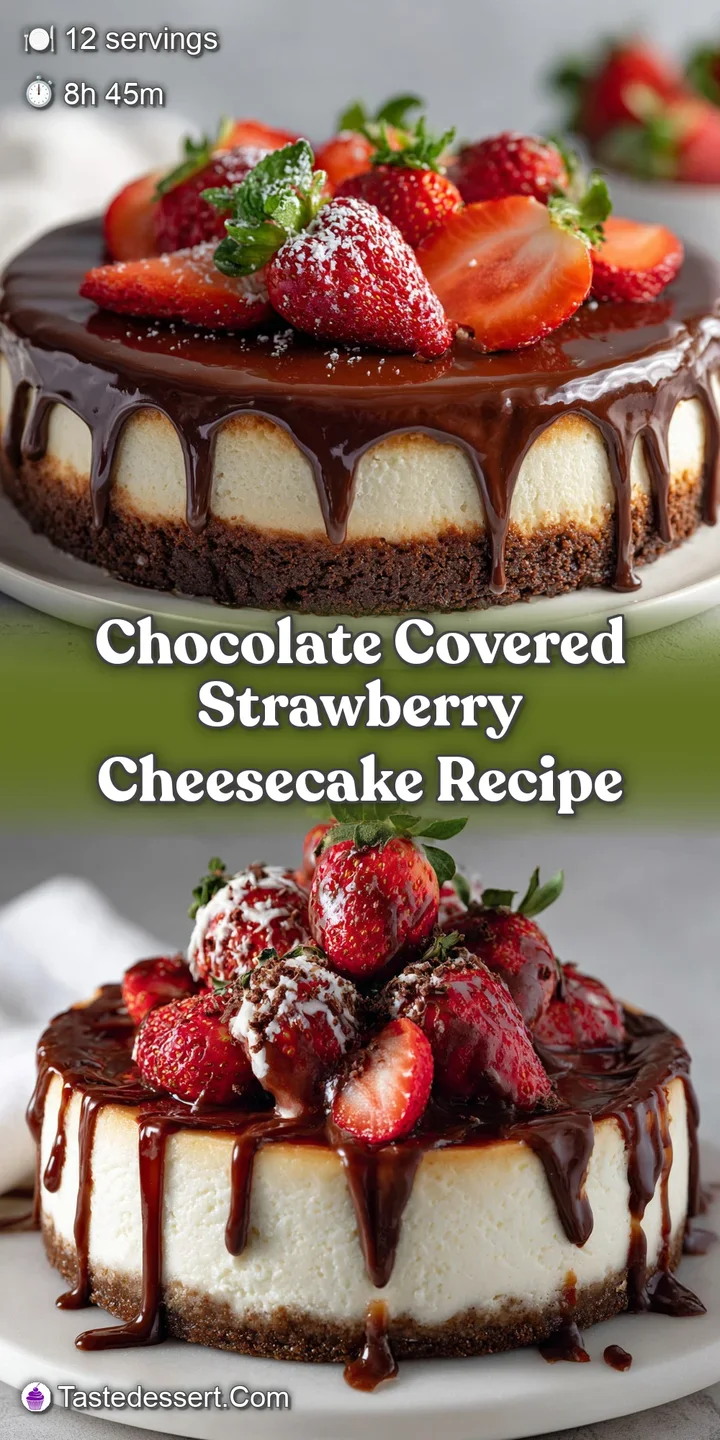 Close-up reveals a juicy, glossy, chocolate-covered strawberry nestled on luscious cheesecake filling, hinting at a decade...