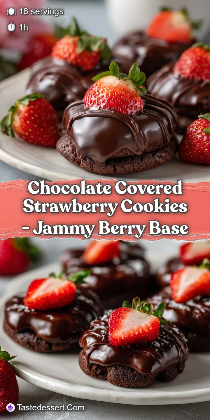 Close-up of a chocolate covered strawberry cookie. See the glistening chocolate, juicy strawberry, and textured cookie ben...
