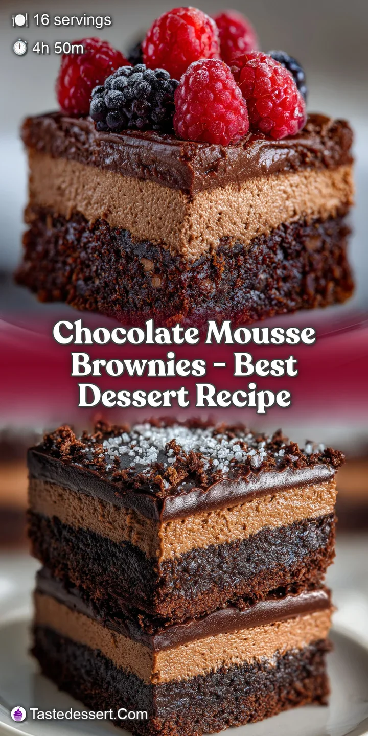 Close-up of glossy, deeply chocolate brownie with swirls of rich mousse. Hints of cocoa powder and a tender crumb.