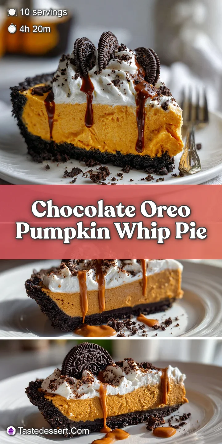 Close-up showcases smooth pumpkin filling swirled with whipped cream, accented by dark chocolate, nestled in a crisp Oreo ...