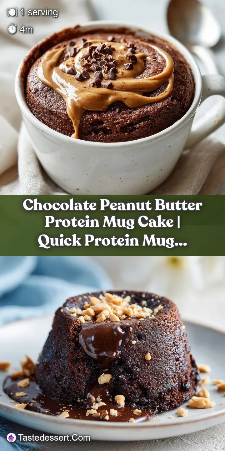 Close-up of a fluffy chocolate mug cake with a thick, molten peanut butter drizzle on top.