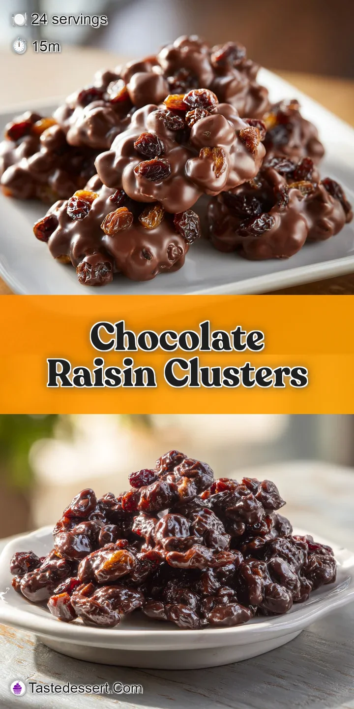 Close-up of a glistening dark chocolate cluster, highlighting the texture of the chocolate and the plumpness of the raisin...