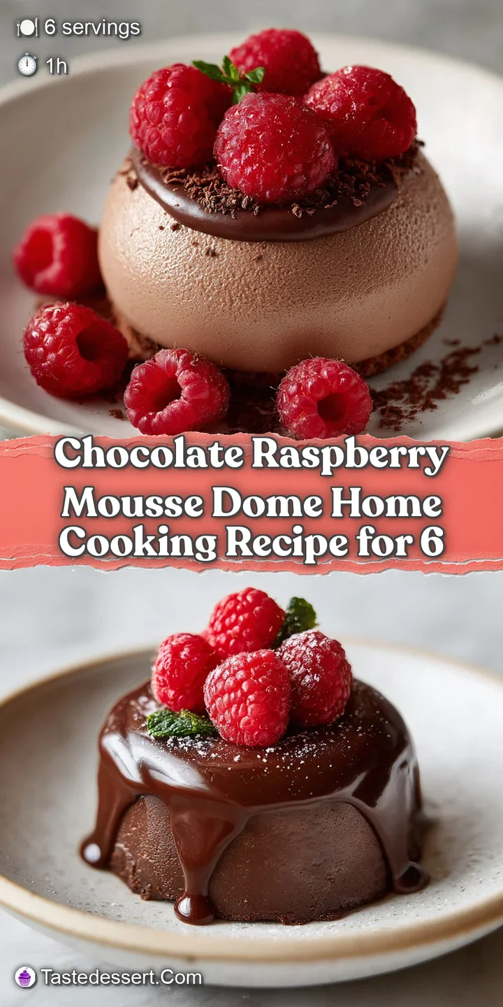 Close-up of a shiny, dark chocolate mousse dome with a bright red raspberry on top, highlighting the creamy texture and fr...