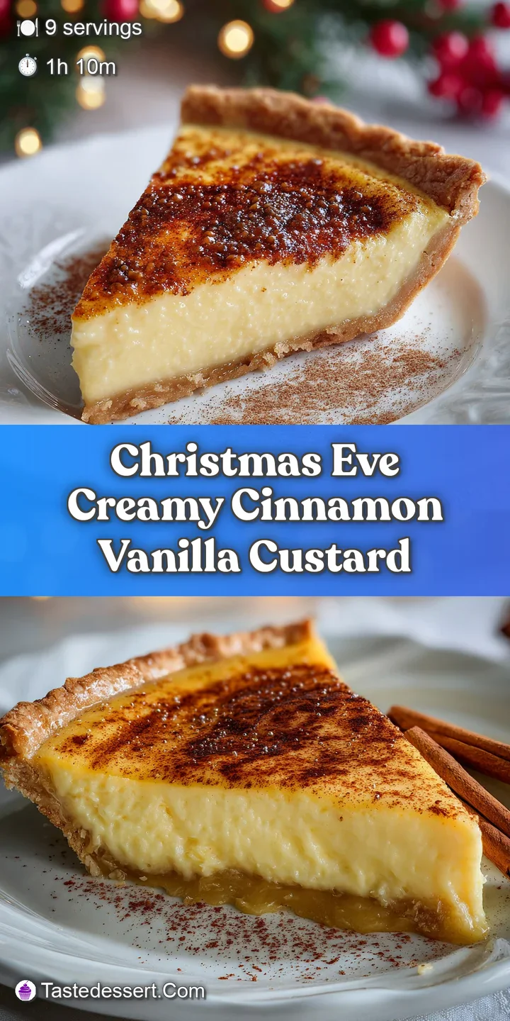 Close-up of a creamy custard pie with delicate cinnamon swirls. The smooth filling is slightly cracked, hinting at its ric...