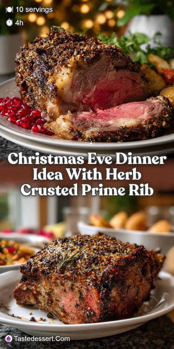 Close-up of tender, medium-rare prime rib, showcasing a vibrant red center, crispy herb crust, and a tantalizing, savory a...