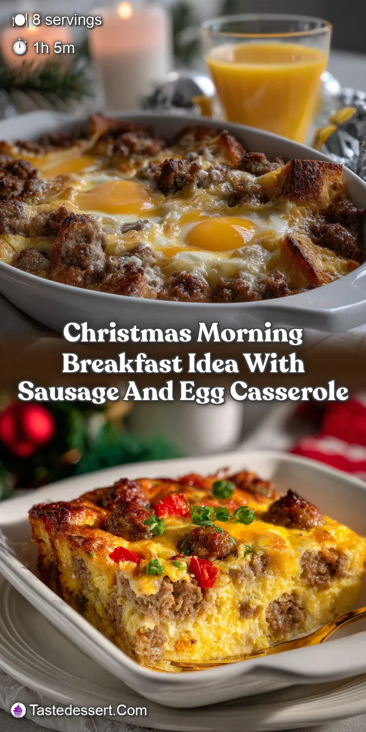 Close-up of the bubbly, browned cheese topping a creamy egg and sausage filling. Textural contrasts and rich colors create...