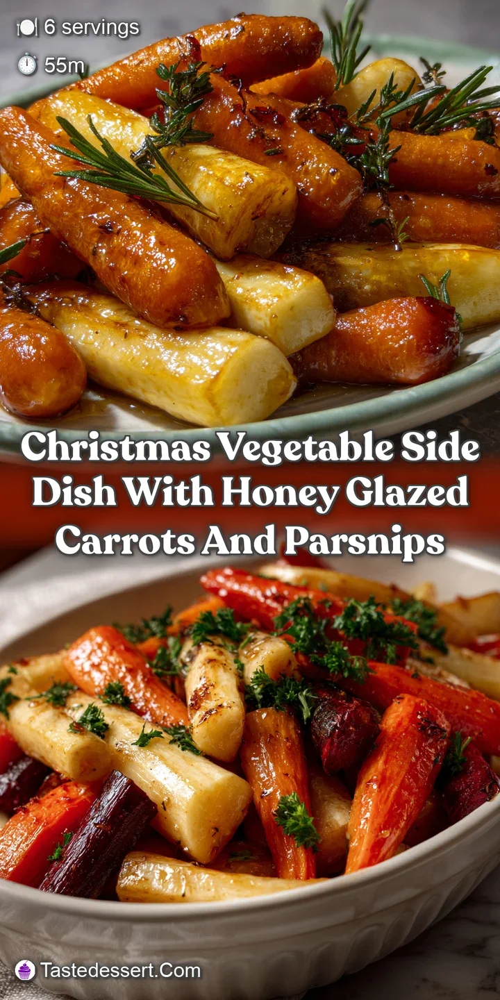 Close-up of tender, honey-glazed carrots and parsnips with a glistening, amber glaze, showcasing perfect roasted texture a...