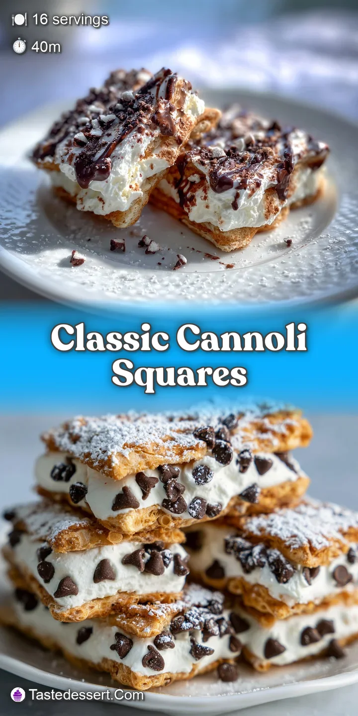 Crisp, golden-brown crust of a cannoli square, filled with a luscious cream and speckled with mini chocolate chips. Delect...