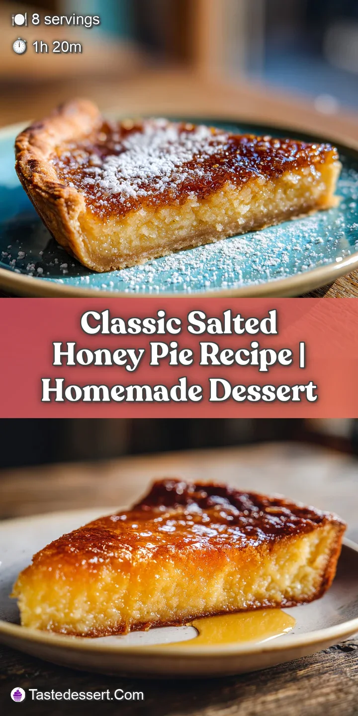 Close-up of a salted honey pie with a rich, creamy custard filling, its surface glistening invitingly with honey and salt ...