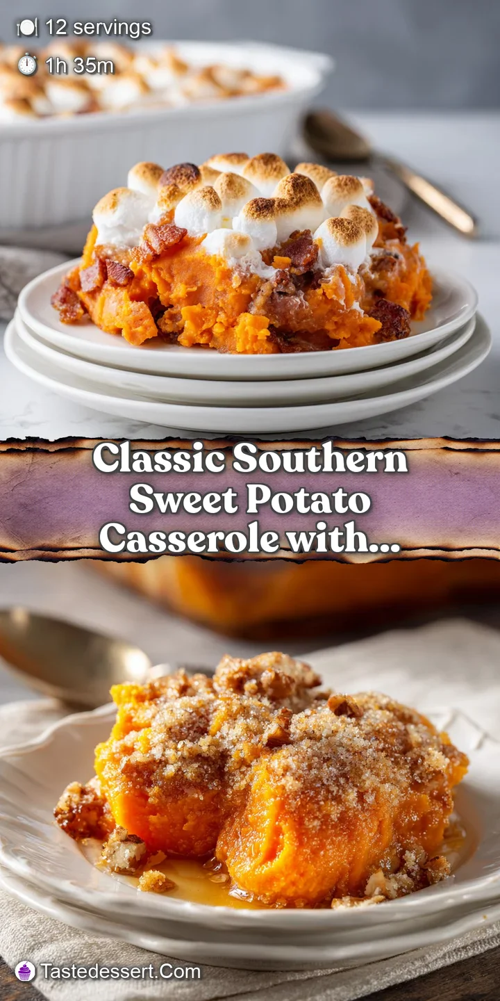 Close-up of a creamy sweet potato casserole; toasted marshmallows with slightly caramelized peaks and crunchy pecan topping.