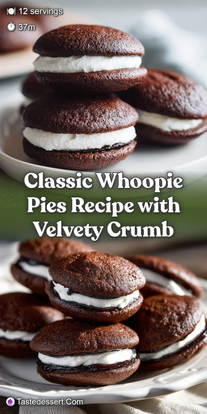 Close-up of a decadent whoopie pie, revealing the soft chocolate cake and sweet, creamy filling. Inviting and delicious de...