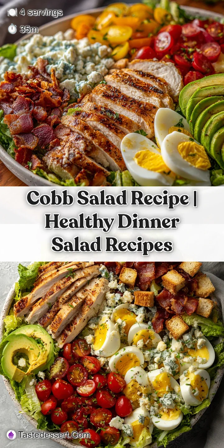 Close-up of a Cobb salad showcasing the crisp lettuce, juicy tomatoes, smoky bacon, and creamy avocado with a drizzle of d...