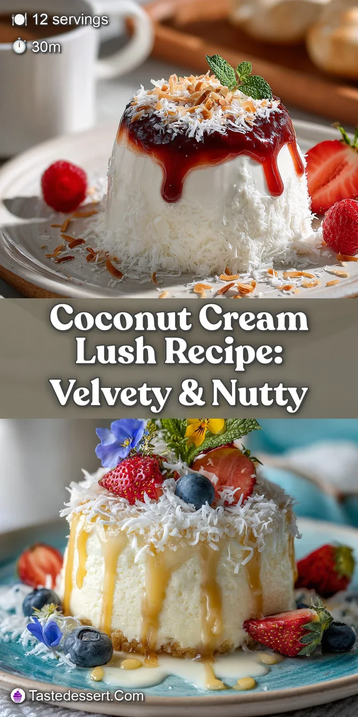 Close-up of the coconut lush layers, showing the creamy filling and golden-brown coconut topping. Inviting and delicious t...