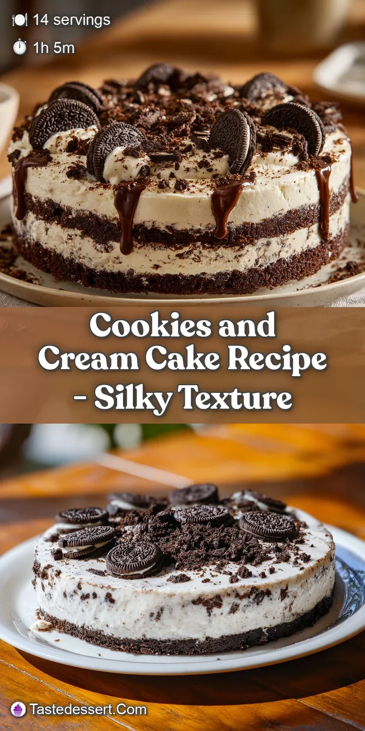 Close-up of cookies and cream cake reveals moist layers, rich filling, and generous topping of crumbled chocolate cookies.