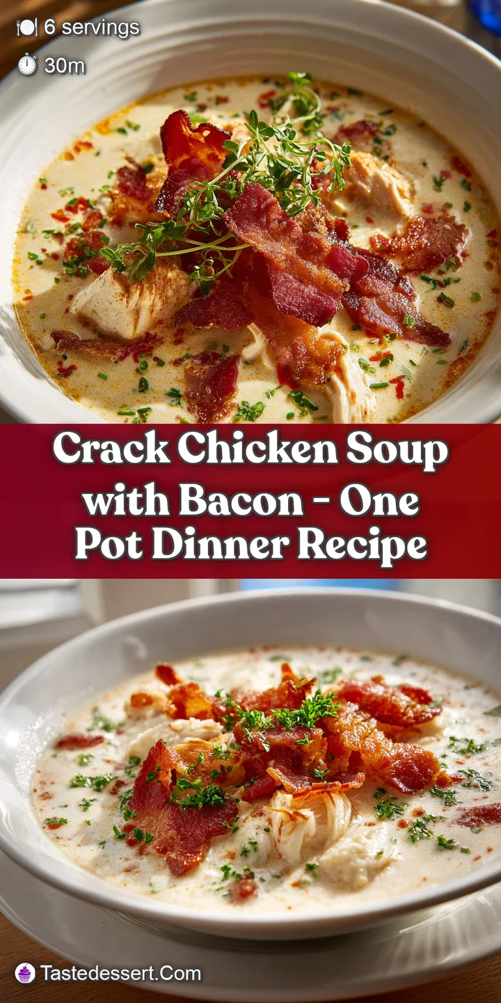 Close-up of tender shredded chicken and creamy broth, dotted with smoky bacon pieces and melted cheese.