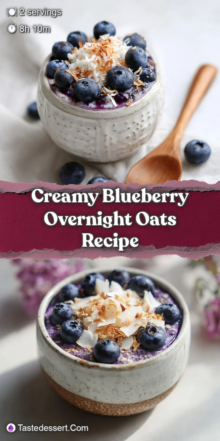 Close-up of creamy blueberry overnight oats; the swirl of berries and toasted coconut create a visually appealing texture.