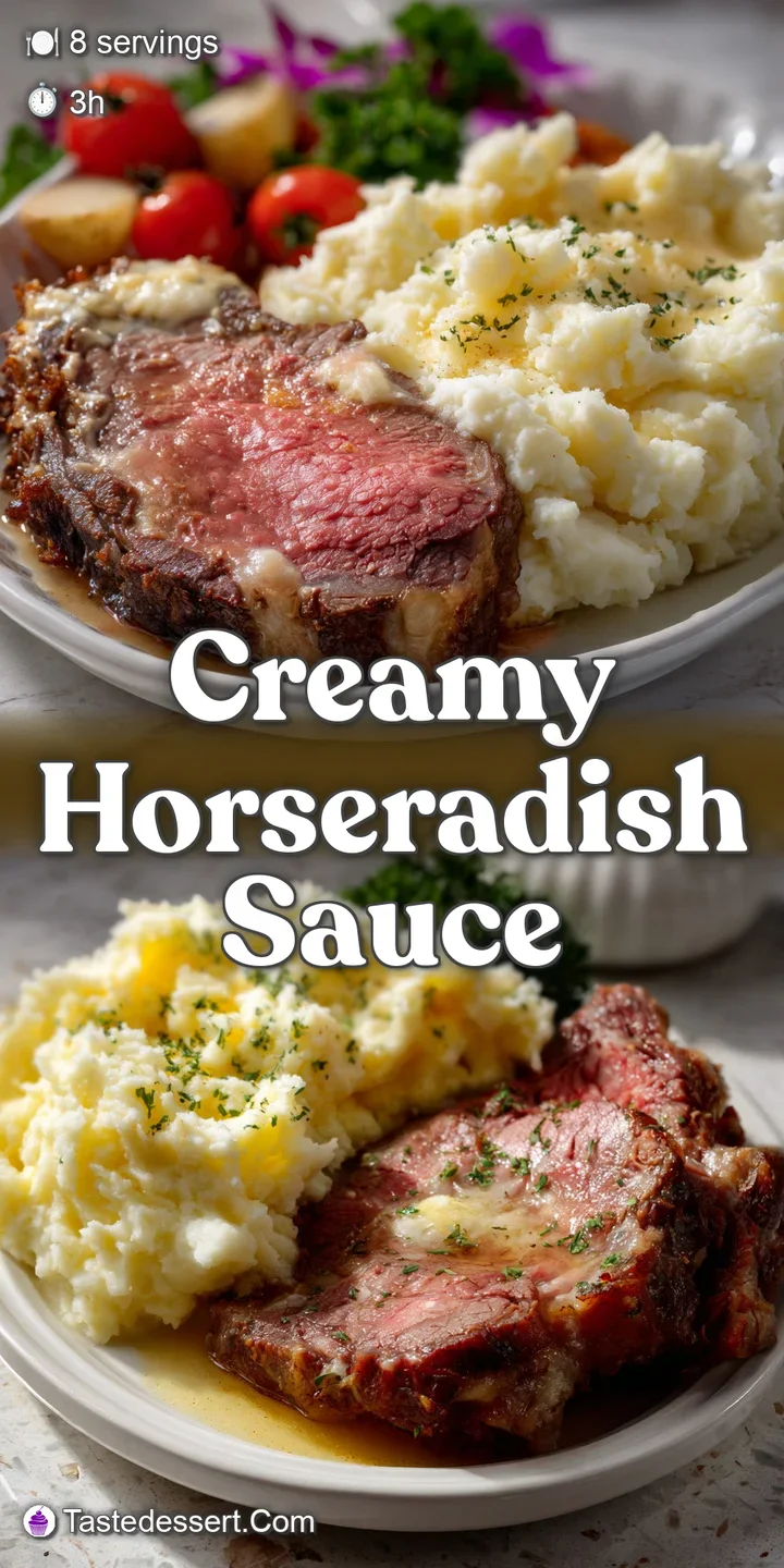 Close-up of juicy, medium-rare prime rib glistening with rendered fat next to a dollop of creamy garlic mashed potatoes.