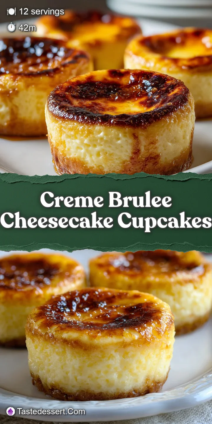 Up-close shot of a creme brulee cheesecake cupcake revealing rich texture. The creamy filling contrasts the brittle, caram...