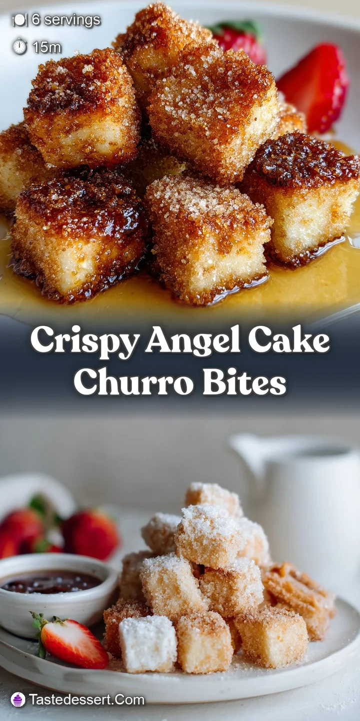 Close-up of a crispy, golden angel food cake churro bite, its textured surface sparkling with caramelized sugar crystals.