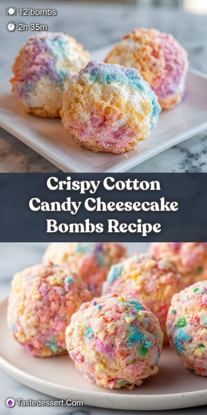 Close-up of a fried cheesecake ball bursting with gooey filling, coated in crispy flakes and sweet cotton candy, offering ...