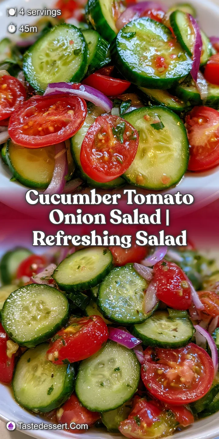 Close-up of glistening red tomatoes and crisp green cucumbers coated in a zesty dressing with flakes of sea salt.