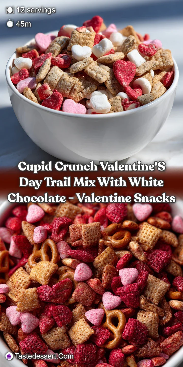 Close-up of Cupid Crunch trail mix: crunchy pretzels, vibrant pink candies, and melted white chocolate create a sweet, tem...
