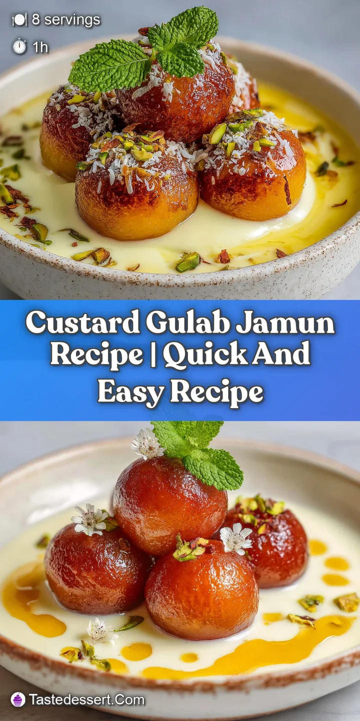 Close-up view of a luscious, deep-fried gulab jamun, drenched in syrup, next to rich, ivory-colored custard. Focus on text...